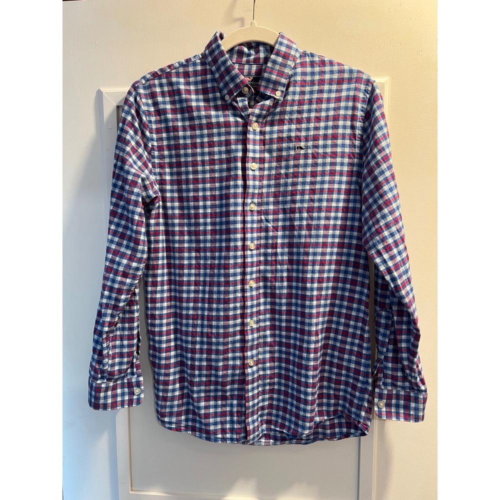 Vineyard Vines Whale Shirt Womens L 16 Red White Blue Plaid Cotton Flannel